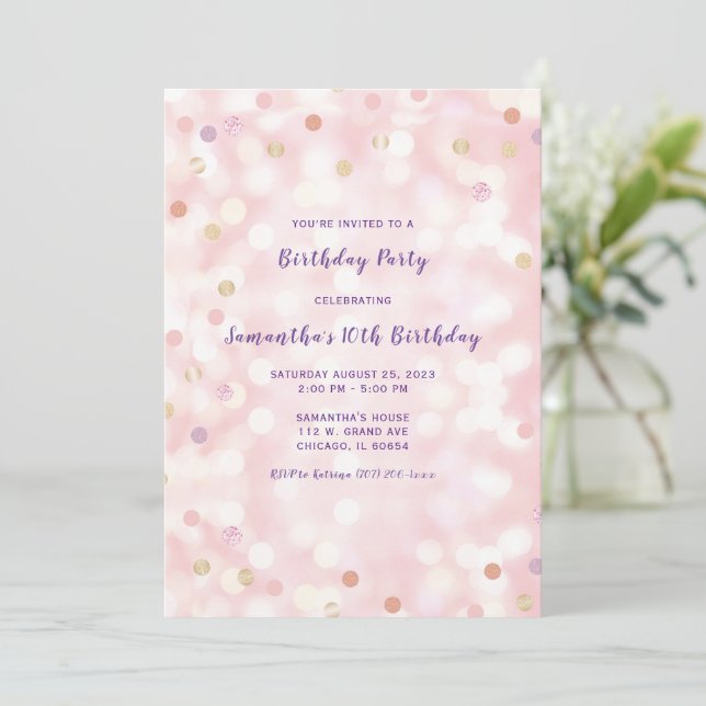 10th Birthday Purple Pink Gold Invitation (Standing Front)