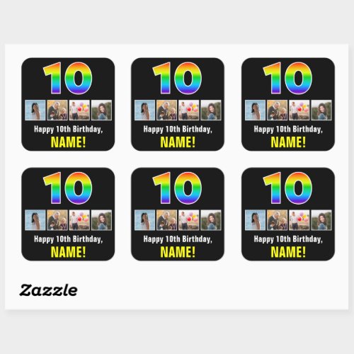 10th Birthday Rainbow 10 Custom Photos  Name Square Sticker