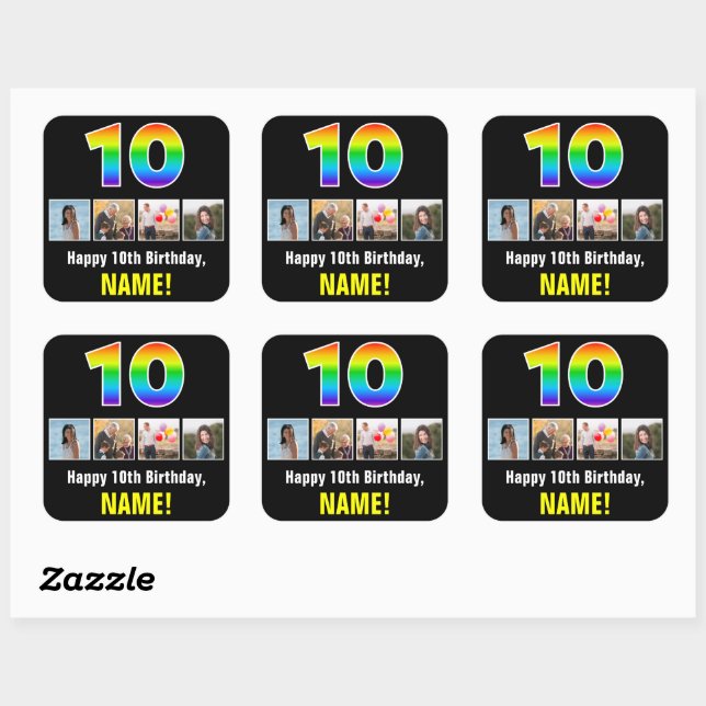 10th Birthday: Rainbow “10”; Custom Photos & Name Square Sticker (Sheet)