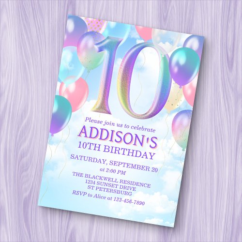 10th Birthday Rainbow Balloons Invitation