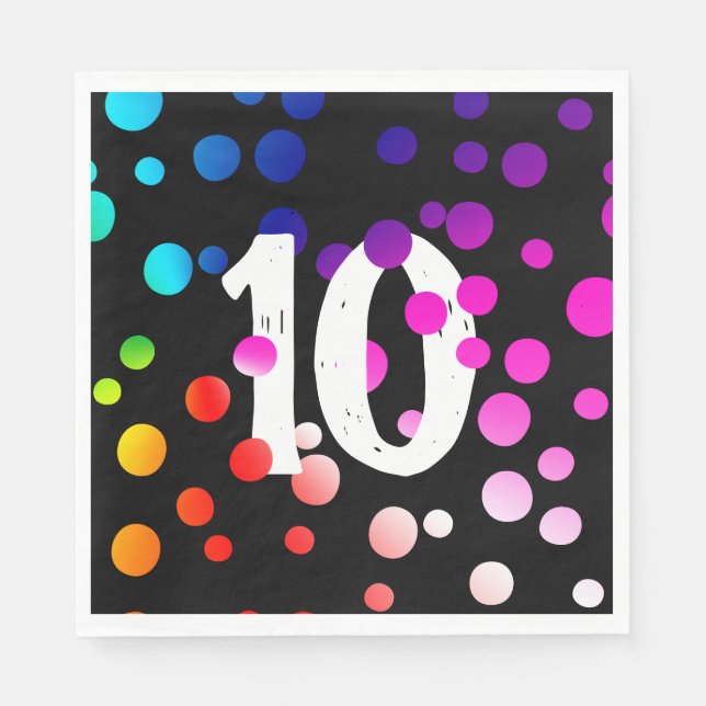 10th Birthday Rainbow Dots on Black Napkins (Front)