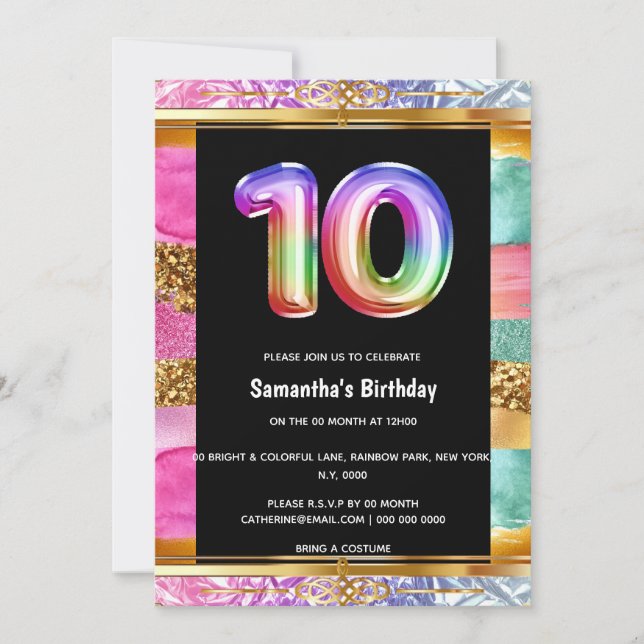 10th birthday rainbow glitter colorful party invitation (Front)