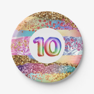 10th birthday rainbow glitter colorful party paper plates