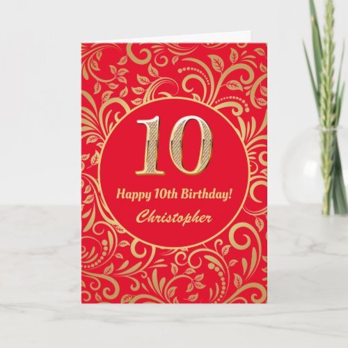 10th Birthday Red and Gold Floral Pattern Card
