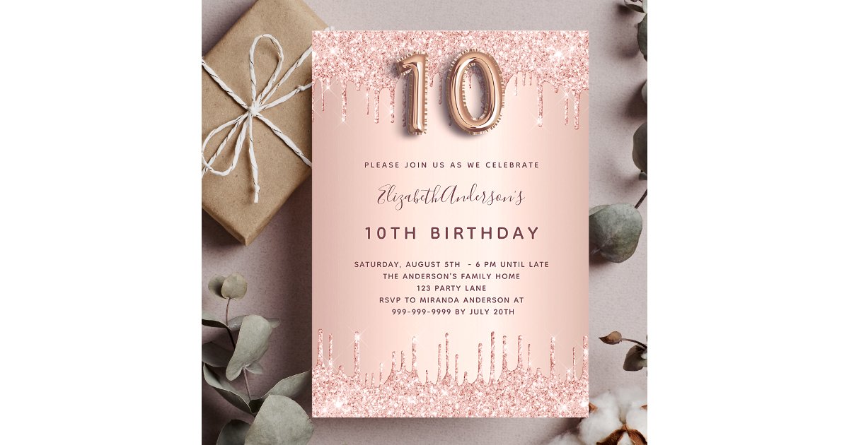 10th birthday rose gold drips pink glam invitation
