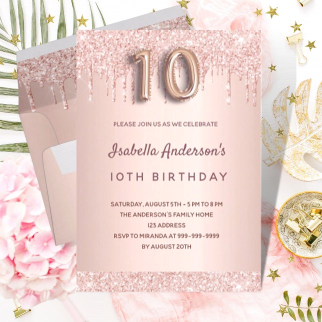 10th birthday rose gold glitter drips pink glam invitation