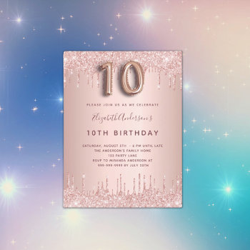 10th Birthday Rose Gold Glitter Drips Pink Glam Invitation Postcard by Thunes at Zazzle