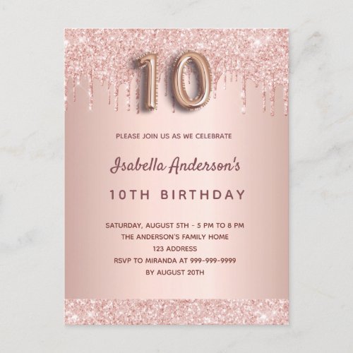 10th birthday rose gold glitter drips pink glam postcard