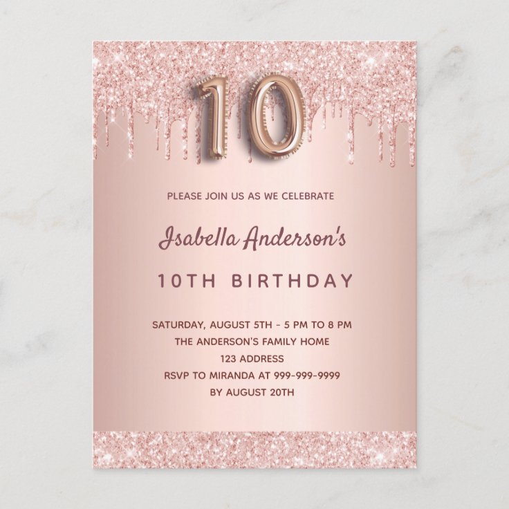 10th Birthday Rose Gold Glitter Drips Pink Glam Postcard 