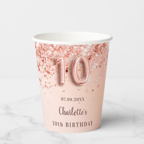10th birthday rose gold glitter monogram name paper cups