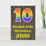 [ Thumbnail: 10th Birthday: Rustic Faux Wood Look, Rainbow "10" Card ]