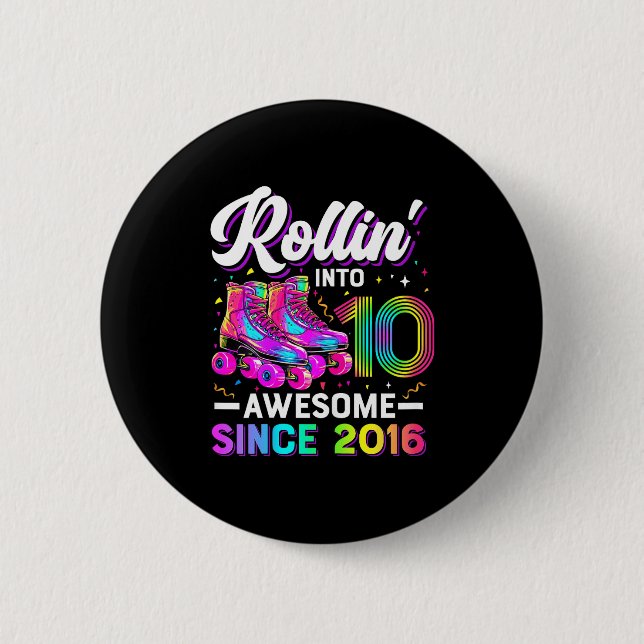 10th Birthday Shirt Girl 10 Year Old Roller Skate  Button (Front)