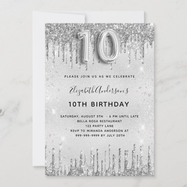 10th birthday silver glitter glamorous girl invitation (Front)