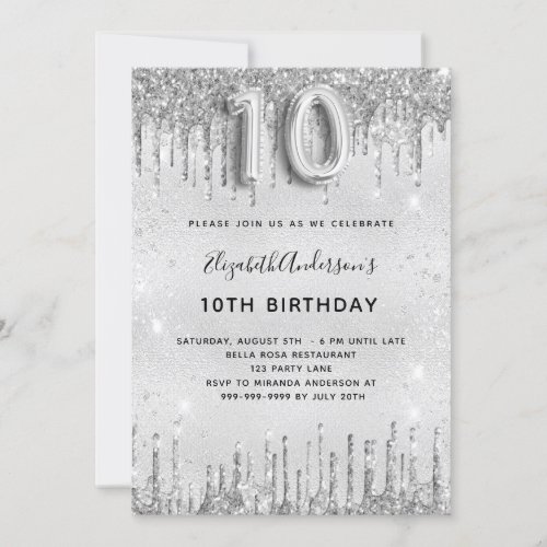 10th birthday silver glitter glamorous girl invitation