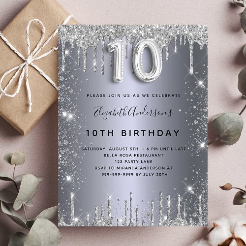 10th birthday silver metal glitter dust invitation