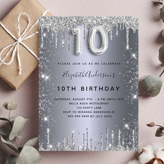 10th birthday silver metal glitter dust invitation (Creator Uploaded)