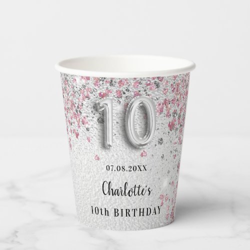 10th Birthday silver pink glitter dust monogram Paper Cups
