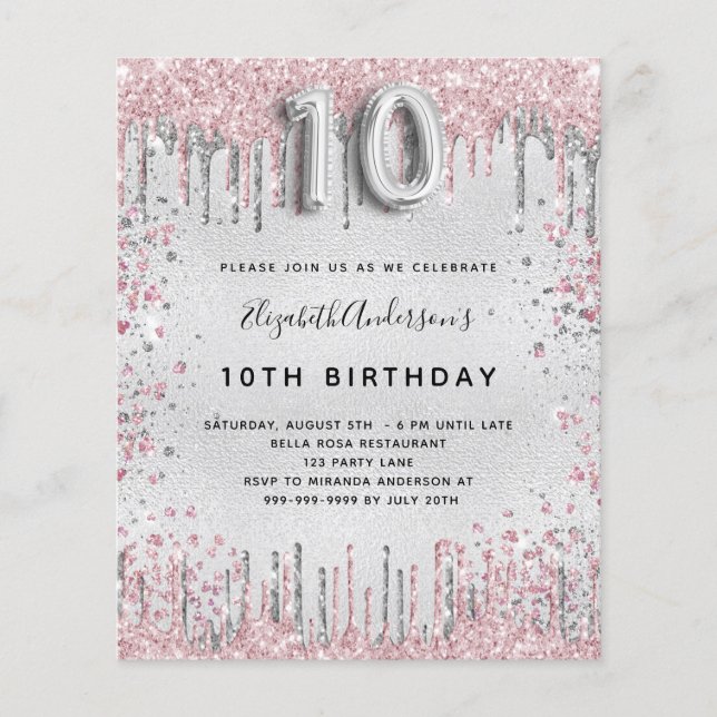 10th birthday silver pink glitter invitation (Front)