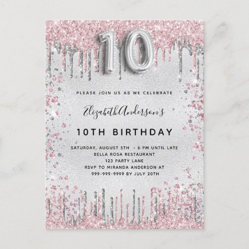 10th birthday silver pink metal glitter dust  invitation postcard
