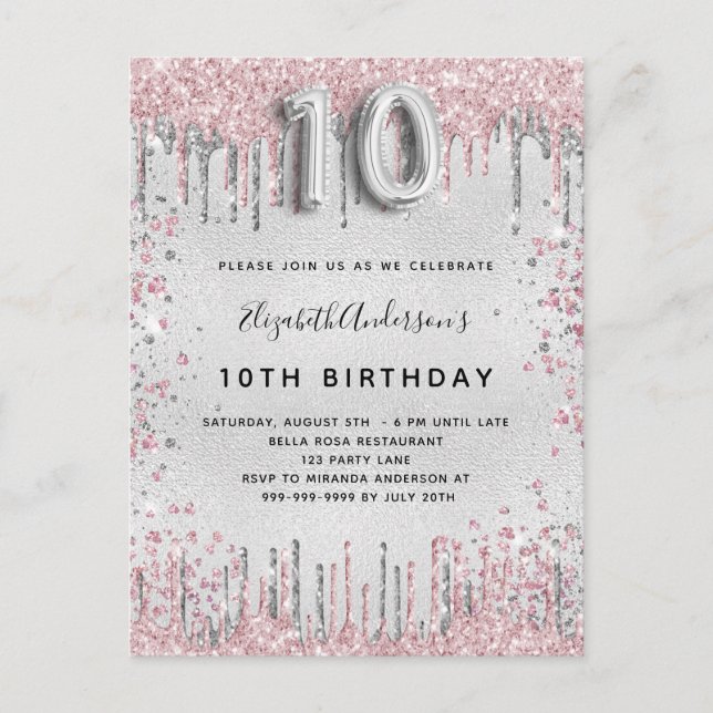 10th birthday silver pink metal glitter dust  invitation postcard (Front)