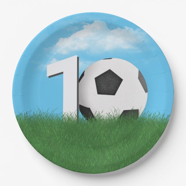10th Birthday Soccer Ball In Green Grass Paper Plates (Front)