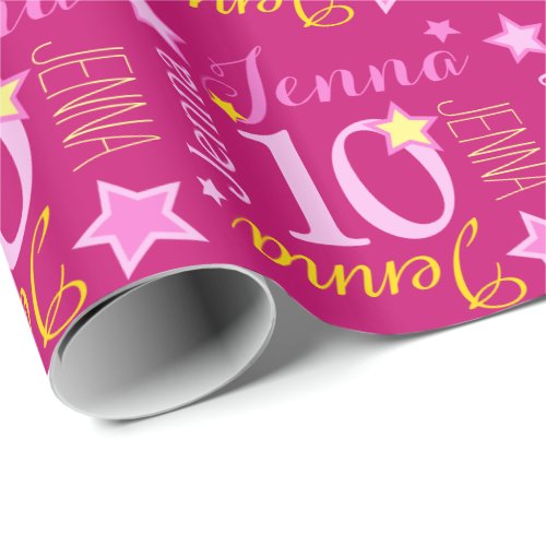 10th birthday star custom name pink yellow wrapping paper