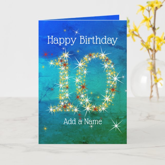 10th Birthday - Star Numbers - Blue Green - Age 10 Card (Yellow Flower)