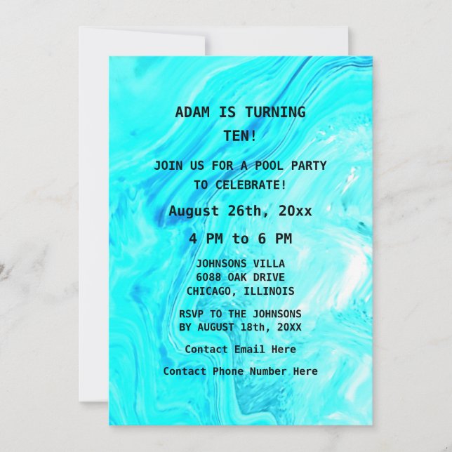 10th Birthday Teal Blue Abstract Artsy Custom Age  Invitation (Front)