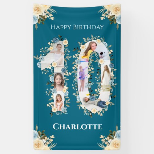 10th Birthday Teal Flower Photo Collage Yellow Banner
