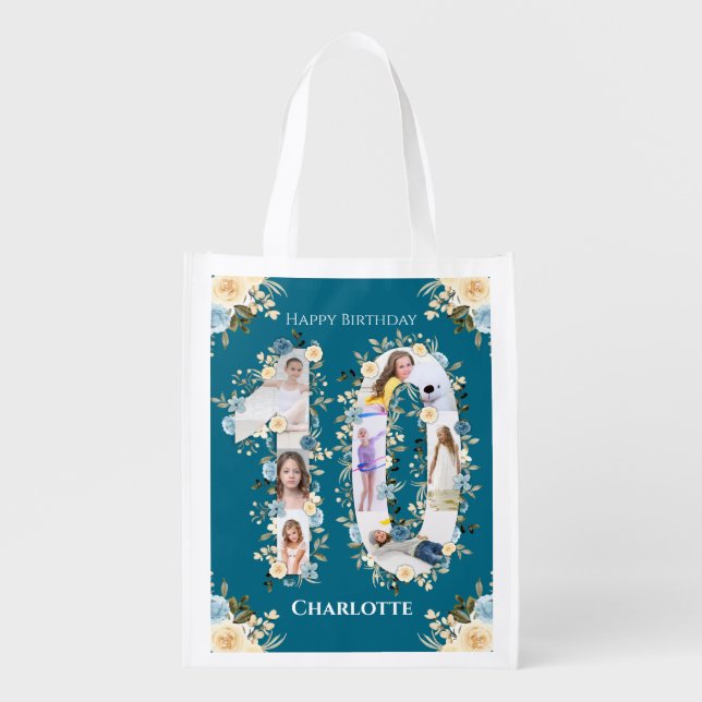10th Birthday Teal Photo Collage Yellow Flower Grocery Bag (Front)
