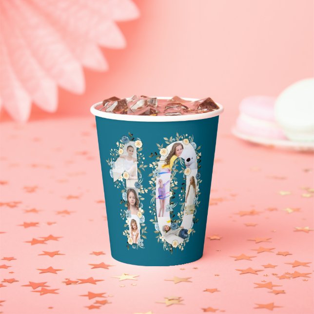 10th Birthday Teal Photo Collage Yellow Flower Paper Cups (Insitu)
