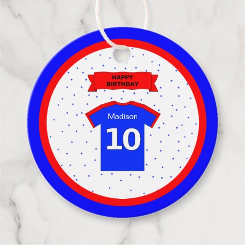 10th birthday thank you red white blue sport stars favor tags