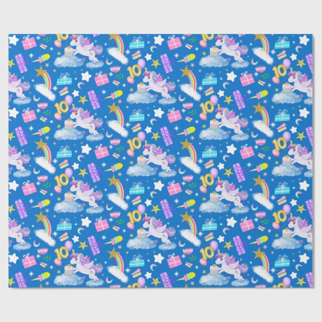 10th Birthday Unicorn Pattern Blue Wrapping Paper (Flat)