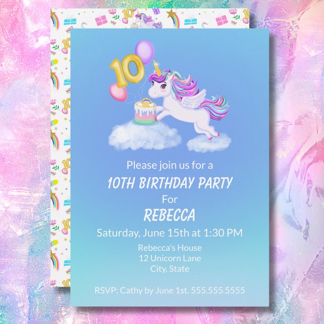 10th Birthday Unicorn With Cake Invitation (Creator Uploaded)