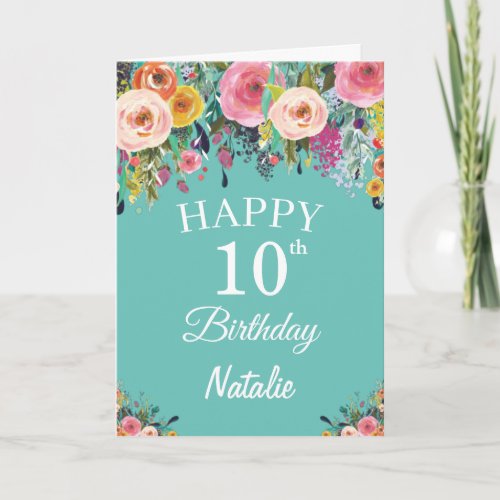 10th Birthday Watercolor Floral Flowers Teal Card