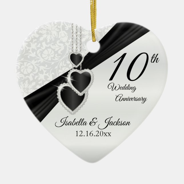 10th Black Onyx  and White Wedding Anniversary Ceramic Ornament (Front)