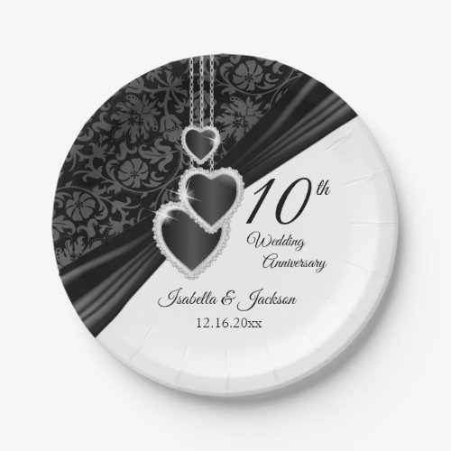 10th Black Onyx Damask and White Paper Plates