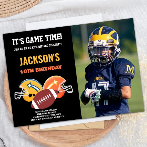 10th Black Yellow Photo Football Birthday Invitation