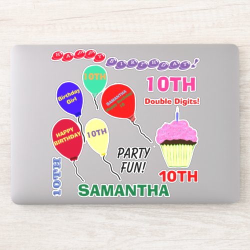 10th Cupcake Birthday Girl Balloons Vinyl Sticker