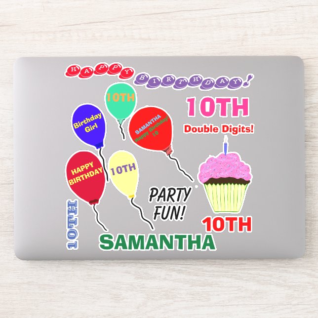 10th Cupcake Birthday Girl Balloons Vinyl Sticker (Computer)