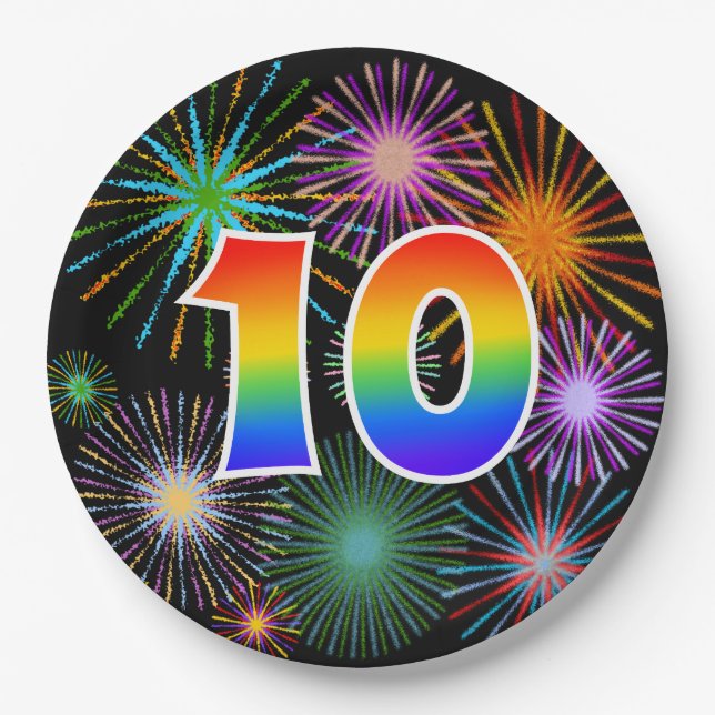 10th Event - Fun, Colorful, Bold, Rainbow 10 Paper Plates (Front)