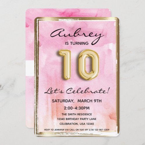 10th Girl Birthday Pink and Gold Invitation