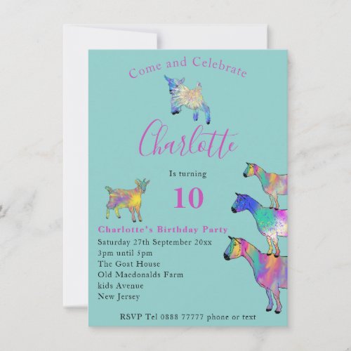 10th Girls Birthday Party Colorful Cute Goats Teal