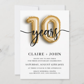 10th Gold Balloon Years Anniversary Invitation