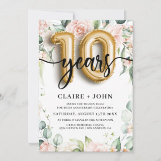 10th Gold Balloon Years Anniversary Invitation