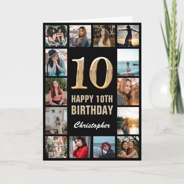10th Happy Birthday Black and Gold Photo Collage Card (Front)