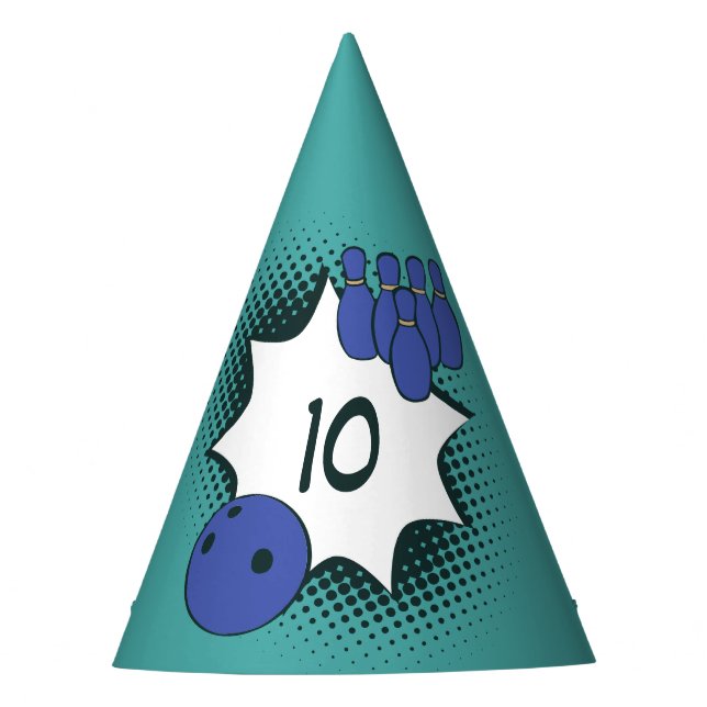 10th Happy Birthday Blue-Green Bowling  Party Hat (Front)