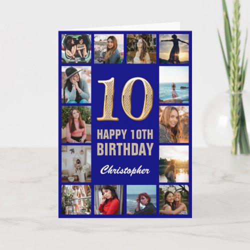 10th Happy Birthday Navy Blue  Gold Photo Collage Card