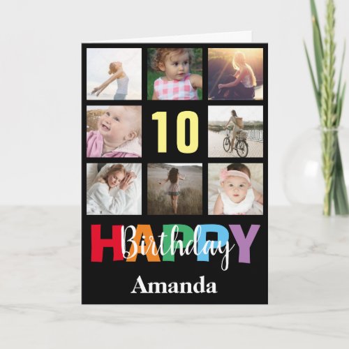 10th Happy Birthday Photo Collage Modern Black Card
