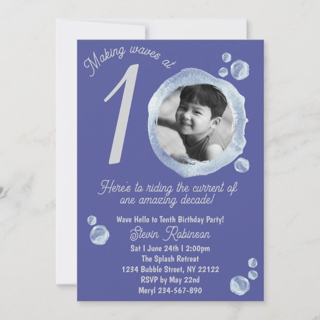 10th Indigo Blue Bubble Birthday Party Invitation (Front)